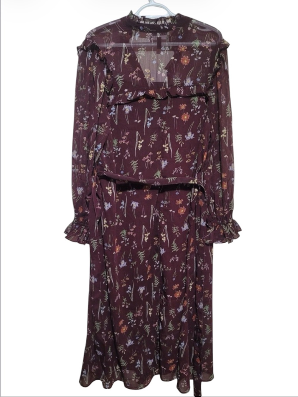 Eloquii Brown Flowy Floral Maxi Long Sleeve Belted Ruffle Flowy Shirt Dress 24 - Picture 3 of 12